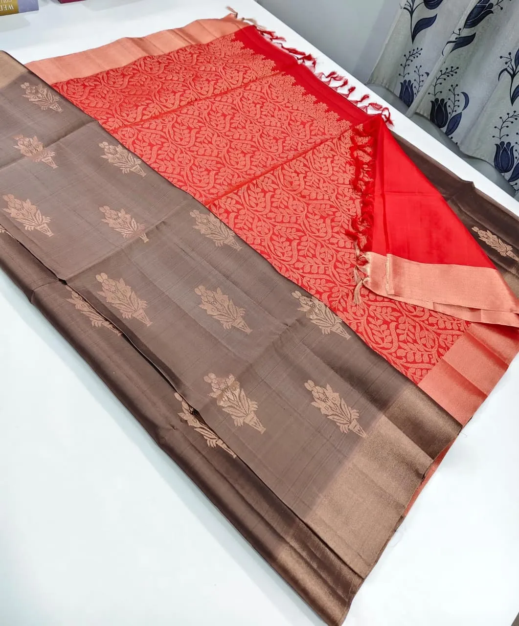 Brown Floral Buttas and Woven Motifs Saree